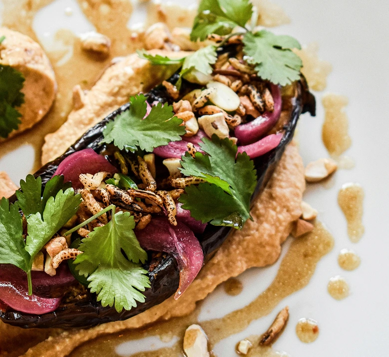 Assiette gastronomique avec une aubergine rôtie garnie d'oignons rouges marinés, de coriandre fraîche, de noix concassées et d'insectes grillés, posée sur une purée de légumineuses. Sauce dorée et cacahuètes éparpillées autour. Cuisine créative et végétale.