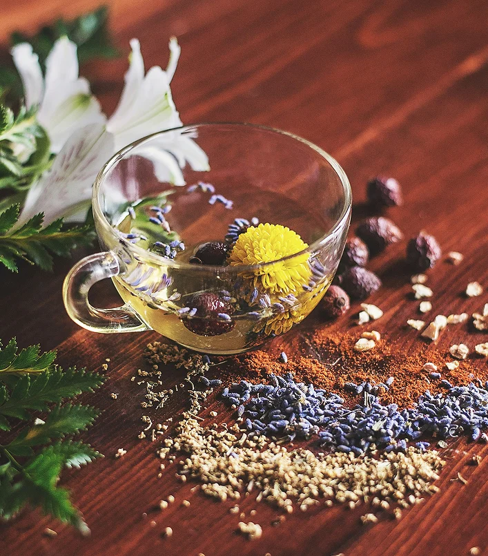 Tasse en verre transparent contenant une infusion de fleurs avec une fleur de chrysanthème jaune et des baies, posée sur une table en bois. Éparpillés autour : lavande séchée, poudre d'épices, graines et baies. Fleurs blanches fraîches et feuilles vertes en arrière-plan. Ambiance herbalisterie et bien-être naturel.