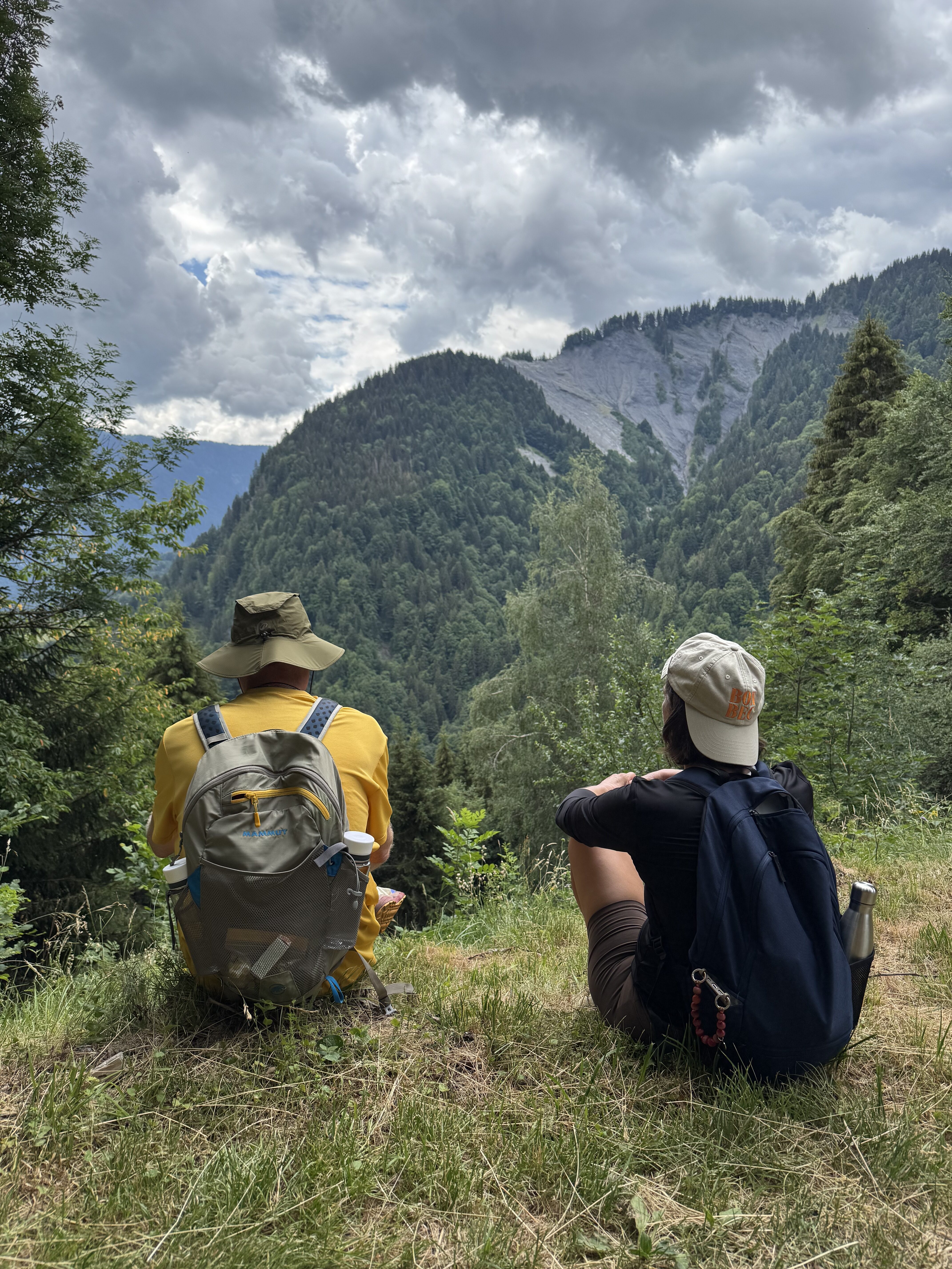Deux randonneurs avec sacs à dos assis dans l'herbe, admirant les montagnes boisées lors d'une pause randonnée.