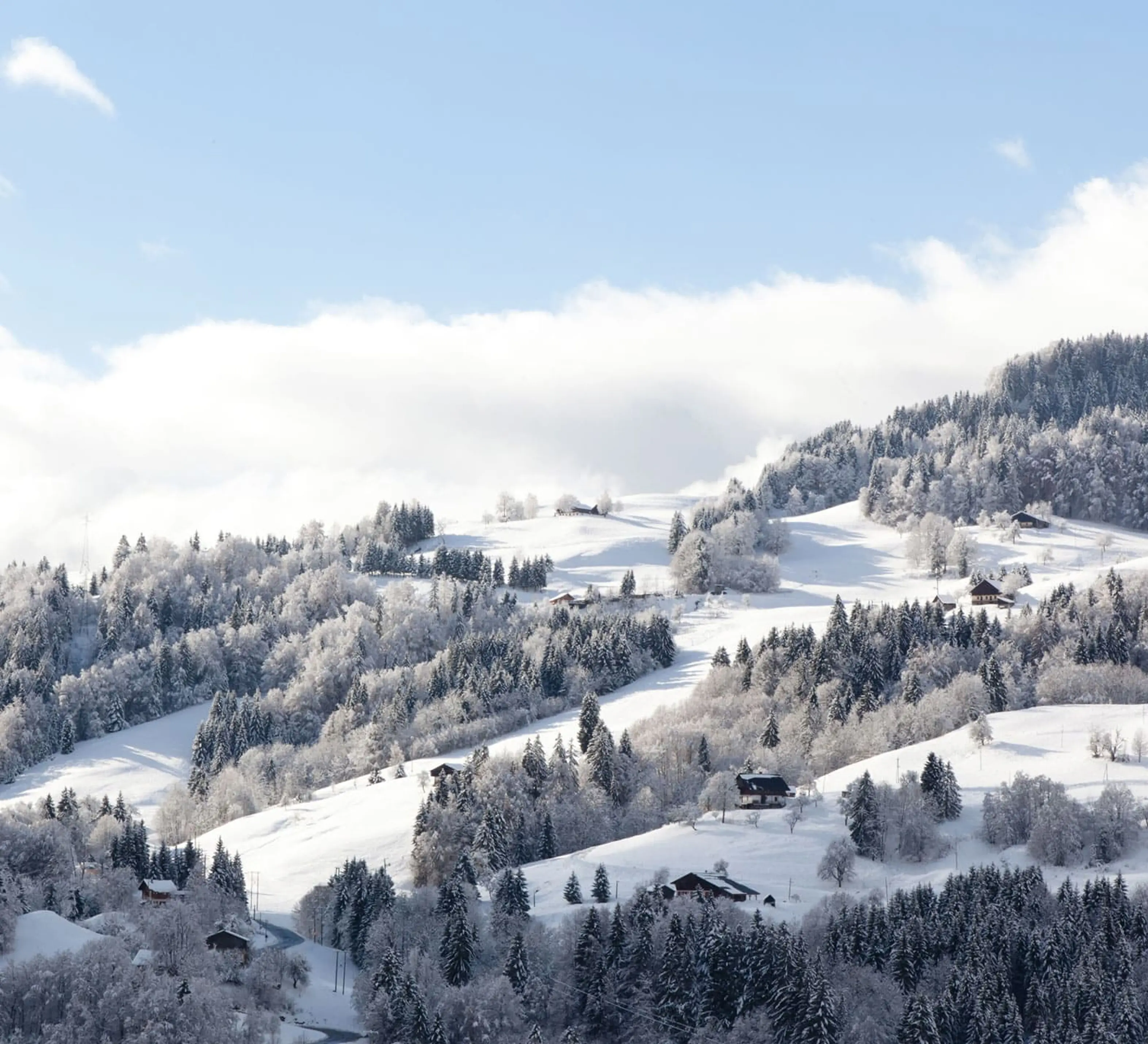 Vue enneigée sur la vallée depuis la terrasse en bois du chalet, avec piscine extérieure recouverte de neige et forêt de sapins en arrière-plan.