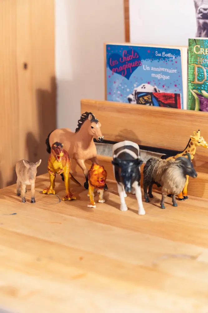 Chambre Dortoir – figurines d'animaux en bois avec livres pour enfants